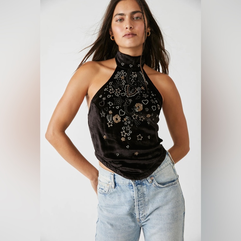 Free People Arianna Beaded Velvet Halter Top NWT